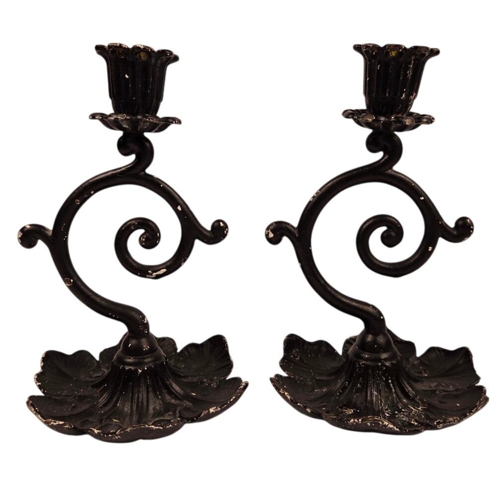 Vintage Iron Art Lily Candlestick Holders Black Cast Iron Gothic Scroll 8"